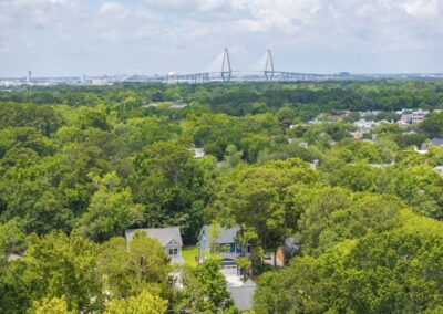 Drone photo of 719 Eagle Street in Mount Pleasant, SC by Grantham Homes with view of Ravenel Bridge in the distance