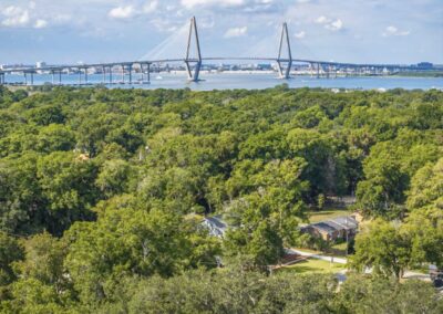 Aerial photo of 335 4th Ave in Mount Pleasant, SC with view of the Ravenel Bridge in the background